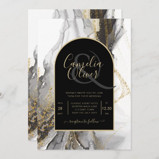 Invitation Parties scintillant moderne en marbre d'Agate d'or (Devant / Derrière)