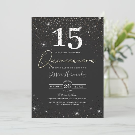 Invitation Parties scintillant moderne en noir brillant Confe (Debout devant)