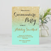 Invitation Parties scintillant moderne en or girly vert menth (Debout devant)