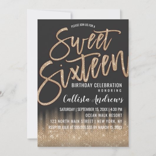 Invitation Parties scintillant moderne en or noir Typographie (Devant)