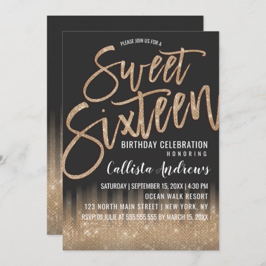 Invitation Parties scintillant moderne en or noir Typographie (Devant / Derrière)