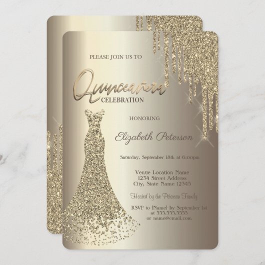 Invitation Parties scintillant moderne gouttes Robe Champagne (Devant / Derrière)