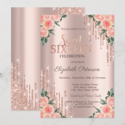 Invitation Parties scintillant moderne gouttes Rose Floral Go (Devant / Derrière)