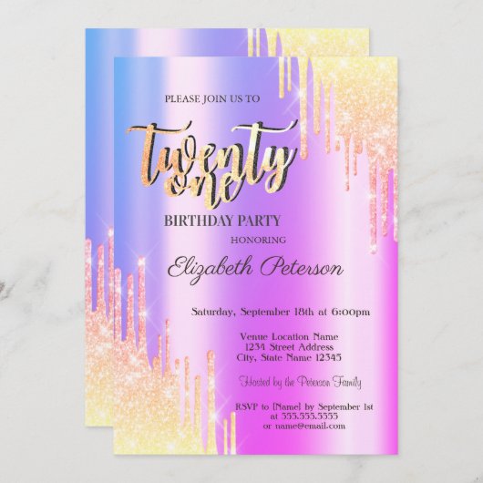 Invitation Parties scintillant moderne Ombre Drips 21e fête d (Devant / Derrière)