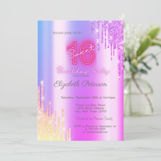 Invitation Parties scintillant moderne Ombre Violet Drips Neo (Debout devant)