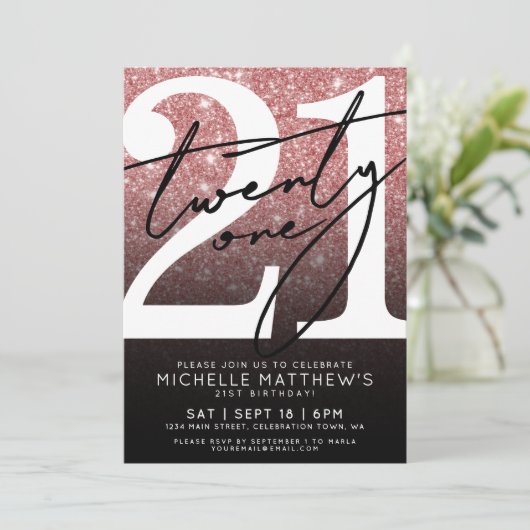 Invitation Parties scintillant moderne rose noir 21e annivers (Debout devant)