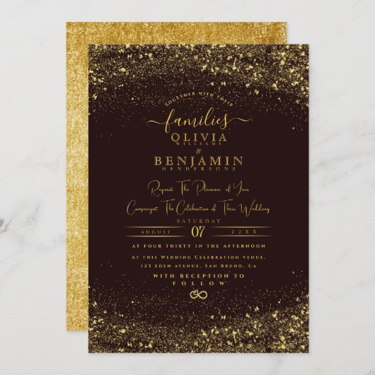 Invitation Parties scintillant moderne Sparkly Gold Foil Chic (Devant / Derrière)