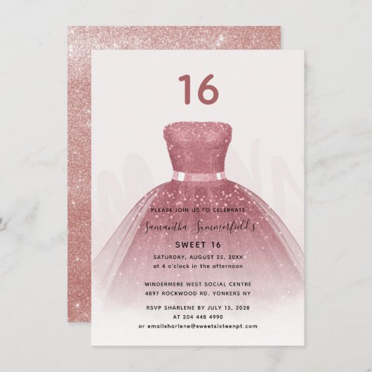 Invitation Parties scintillant moderne Sweet 16 Script Rose o (Devant / Derrière)