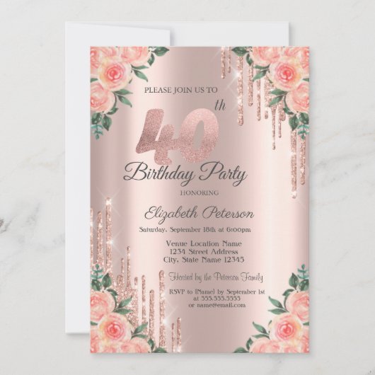 Invitation Parties scintillant modernes Rose Floral Gold 40e (Devant)