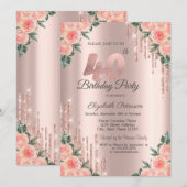Invitation Parties scintillant modernes Rose Floral Gold 40e (Devant / Derrière)