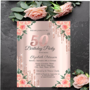 Invitation Parties scintillant modernes Rose Floral Gold 50e