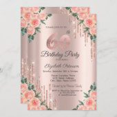 Invitation Parties scintillant modernes Rose Floral Gold 60e (Devant / Derrière)