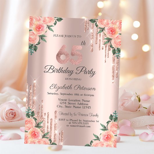 Invitation Parties scintillant modernes  Rose Floral Gold 65e