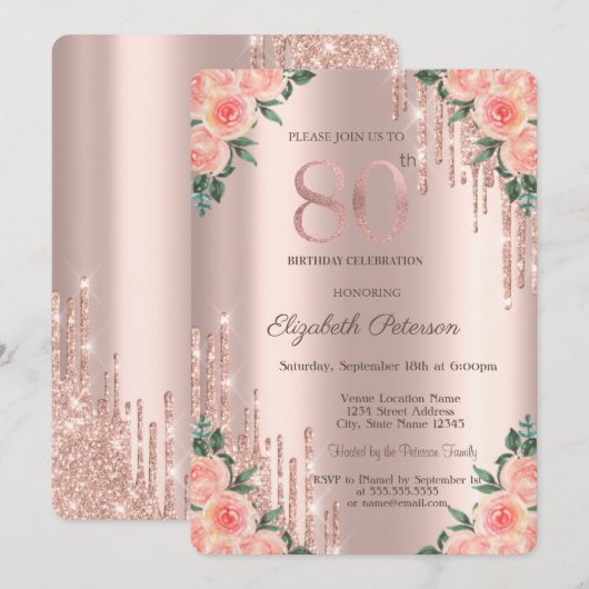 Invitation Parties scintillant modernes Rose Floral Gold 80e (Devant / Derrière)