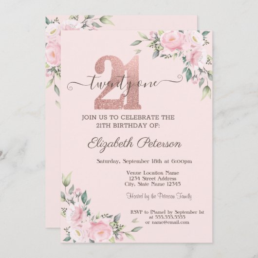Invitation Parties scintillant modernes Rose Gold 21e anniver (Devant / Derrière)