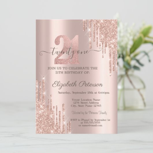 Invitation Parties scintillant modernes Rose Gold 21e anniver (Debout devant)