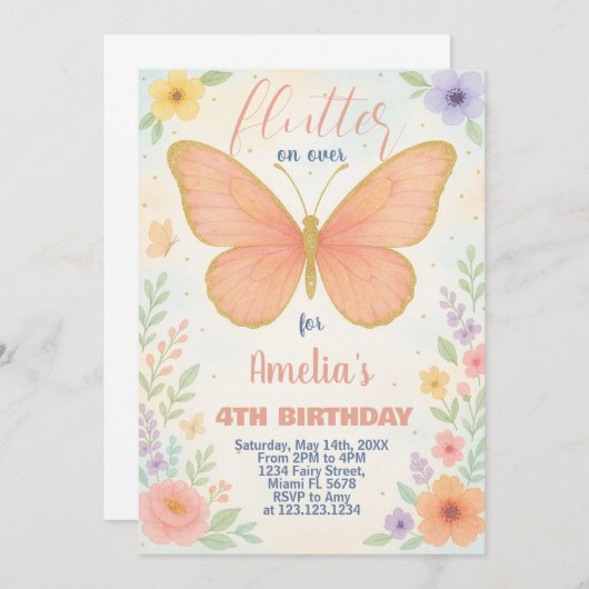 Invitation Parties scintillant modifiable Papillon Anniversai (Devant / Derrière)