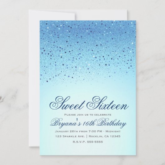 Invitation Parties scintillant mousseuse bleue Douce 16 fête  (Devant)