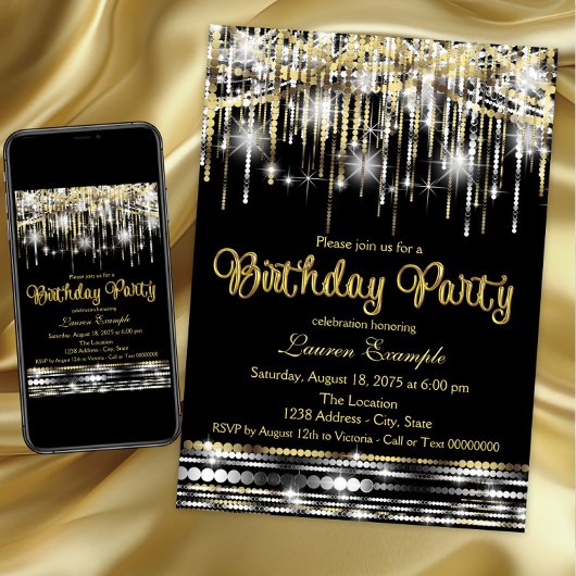 Invitation Parties scintillant Noir et Or Glam Anniversaire
