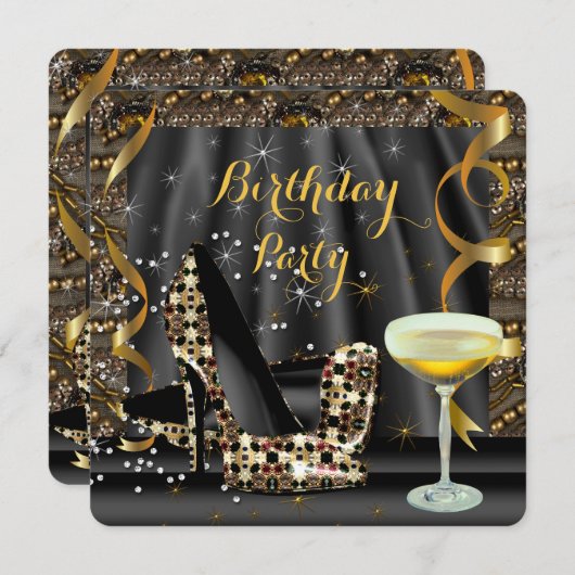 Invitation Parties scintillant Noir Or Haut talons Champagne  (Devant / Derrière)