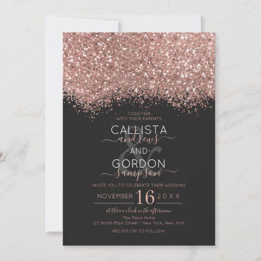 Invitation Parties scintillant Noir Rose de luxe Confetti Mar (Devant)