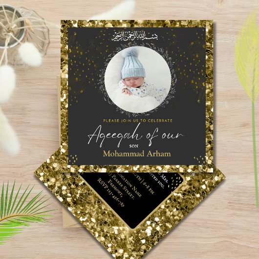 Invitation Parties scintillant noire Aqeeqah- Aqiqah- Invitat