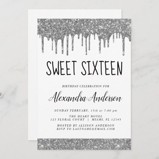 Invitation Parties scintillant noire argentée Élégante douce (Devant / Derrière)