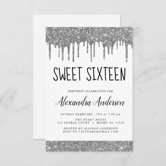 Invitation Parties scintillant noire argentée Élégante douce  (Devant / Derrière)