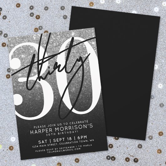 Invitation Parties scintillant noire blanche 30e anniversaire