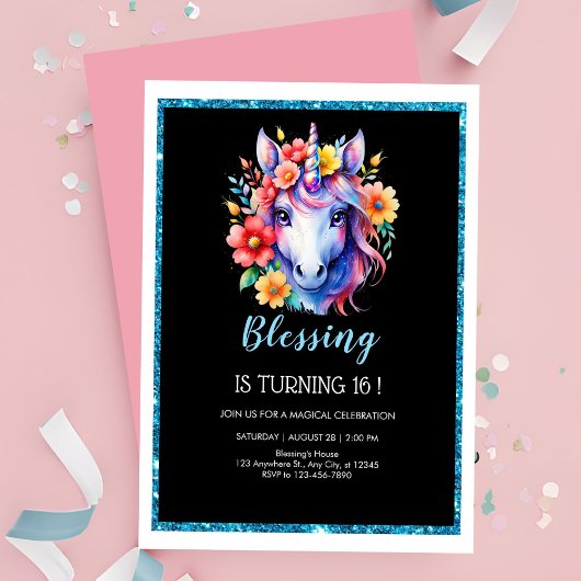 Invitation Parties scintillant noire chic unicorne anniversai