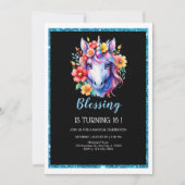 Invitation Parties scintillant noire chic unicorne anniversai (Devant)