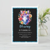 Invitation Parties scintillant noire chic unicorne anniversai (Debout devant)