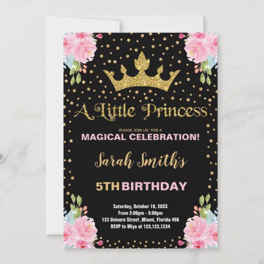 Invitation Parties scintillant noire Couronne princesse Anniv (Devant)