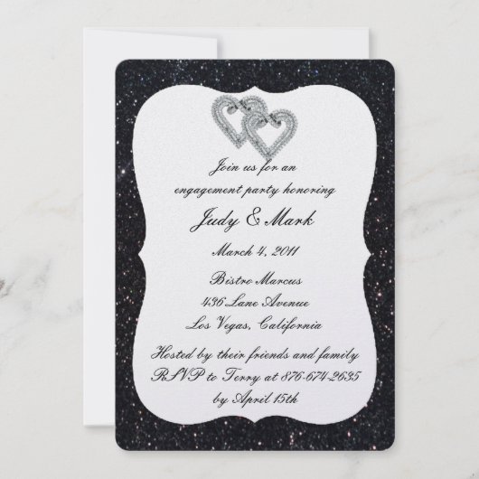 Invitation Parties scintillant noire Diamond Hearts Engagemen (Devant)