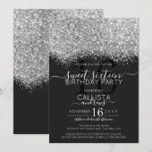 Invitation Parties scintillant noire en argent de luxe Confet (Devant / Derrière)