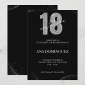 Invitation Parties scintillant noire et argent 18e anniversai (Devant / Derrière)