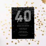 Invitation Parties scintillant noire et argent scintillant 40<br><div class="desc">Cette magnifique 40ème invitation présente des disques brillants argentés sur arrière - plan noir. Pour une personnalisation plus avancée de cette conception, par exemple la modification de la disposition, de la police ou de la taille du texte, cliquez sur le bouton "PERSONNALISER" ci-dessus. Veuillez me contacter pour toute question !...</div>