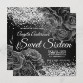 Invitation Parties scintillant noire et argentée Sweet sixtee (Devant / Derrière)