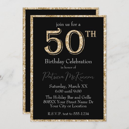 Invitation Parties scintillant noire et or 50e anniversaire (Devant / Derrière)