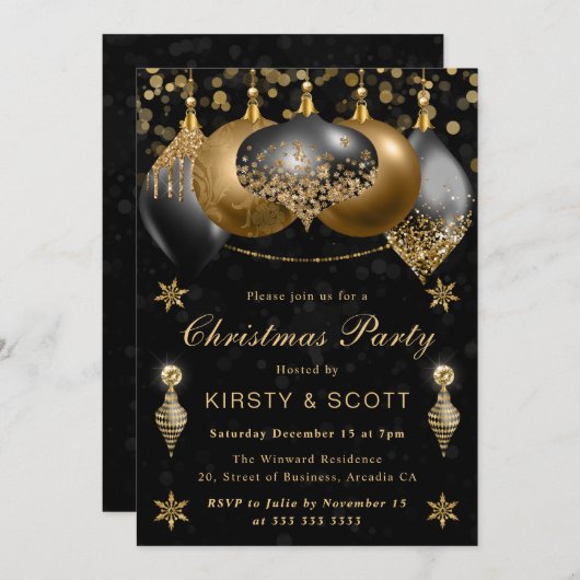 Invitation Parties scintillant noire et or Baubles fête de No (Devant / Derrière)