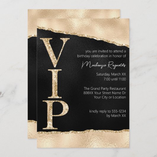 Invitation Parties scintillant noire et or brillante VIP Part (Devant / Derrière)