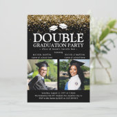 Invitation Parties scintillant noire et or Double Graduation (Debout devant)