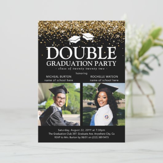 Invitation Parties scintillant noire et or Double Graduation (Debout devant)