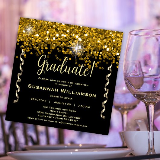 Invitation Parties scintillant noire et or Graduation