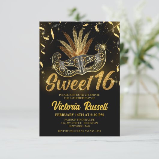 Invitation Parties scintillant noire et or Masquerade Masque  (Debout devant)