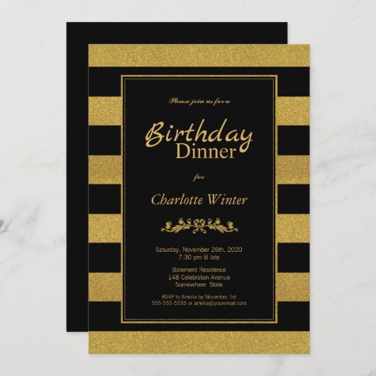 Invitation Parties scintillant noire et or rayé Anniversaire (Devant / Derrière)
