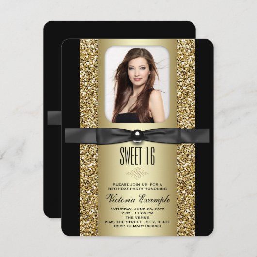Invitation Parties scintillant noire et or Sweet 16 Party (Devant / Derrière)