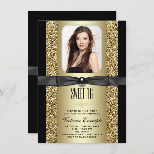 Invitation Parties scintillant noire et or Sweet 16 Party (Devant / Derrière)