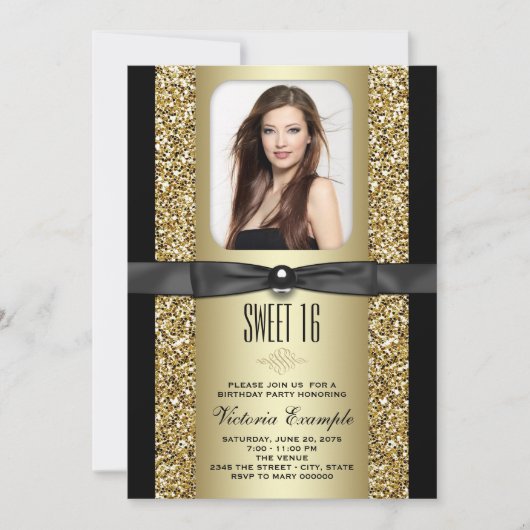Invitation Parties scintillant noire et or Sweet 16 Party (Devant)