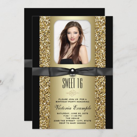 Invitation Parties scintillant noire et or Sweet 16 Party (Devant / Derrière)